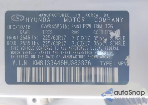 2017 Hyundai Tucson Se z USA, uszkodzony, nr VIN KM8J33A48HU383376